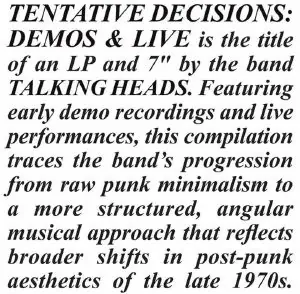 Talking Heads - Tentative Decisions 1974 - 1976 - LP, Vinyl Music - Rhino Warner Super Sale