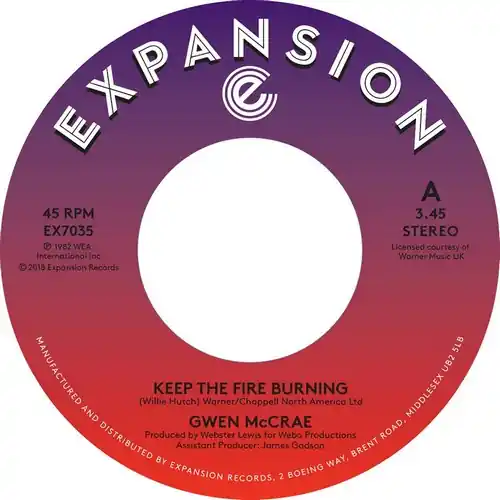 Gwen Mccrae - Keep The Fire Burning/Funky Sensation - 7" single, Vinyl Music - Expansion Super Sale
