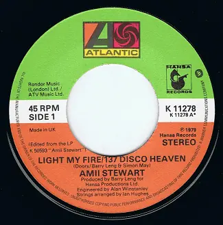 Exclusive Offer AMII STEWART Light My Fire/137 Disco Heaven 7" Single Vinyl Record 45rpm Atlantic 1979