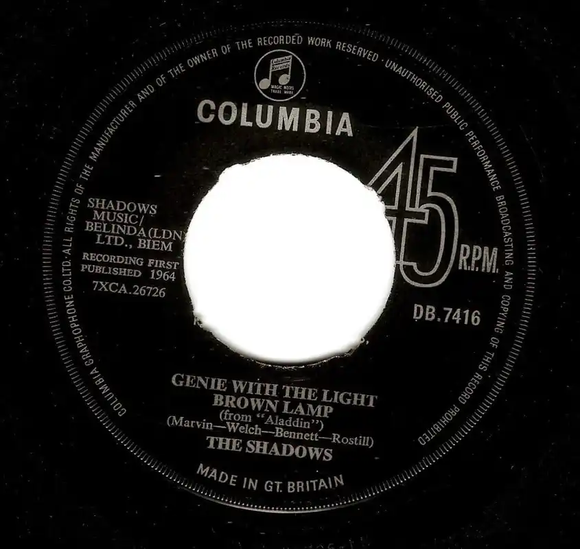 THE SHADOWS Genie With The Light Brown Lamp Vinyl Record 7 Inch Columbia 1964 Trusted Brand