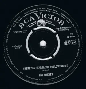 JIM REEVES There s A Heartache Following Me 7" Single Vinyl Record 45rpm RCA Victor 1964 Seasonal Sale